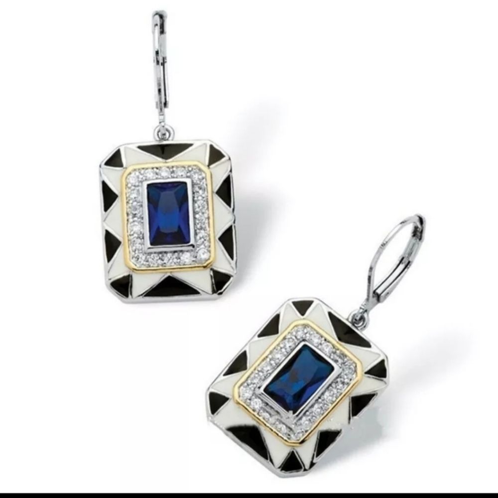 Silver Titanium blue and white sapphire and enamel Aztec design boho earrings